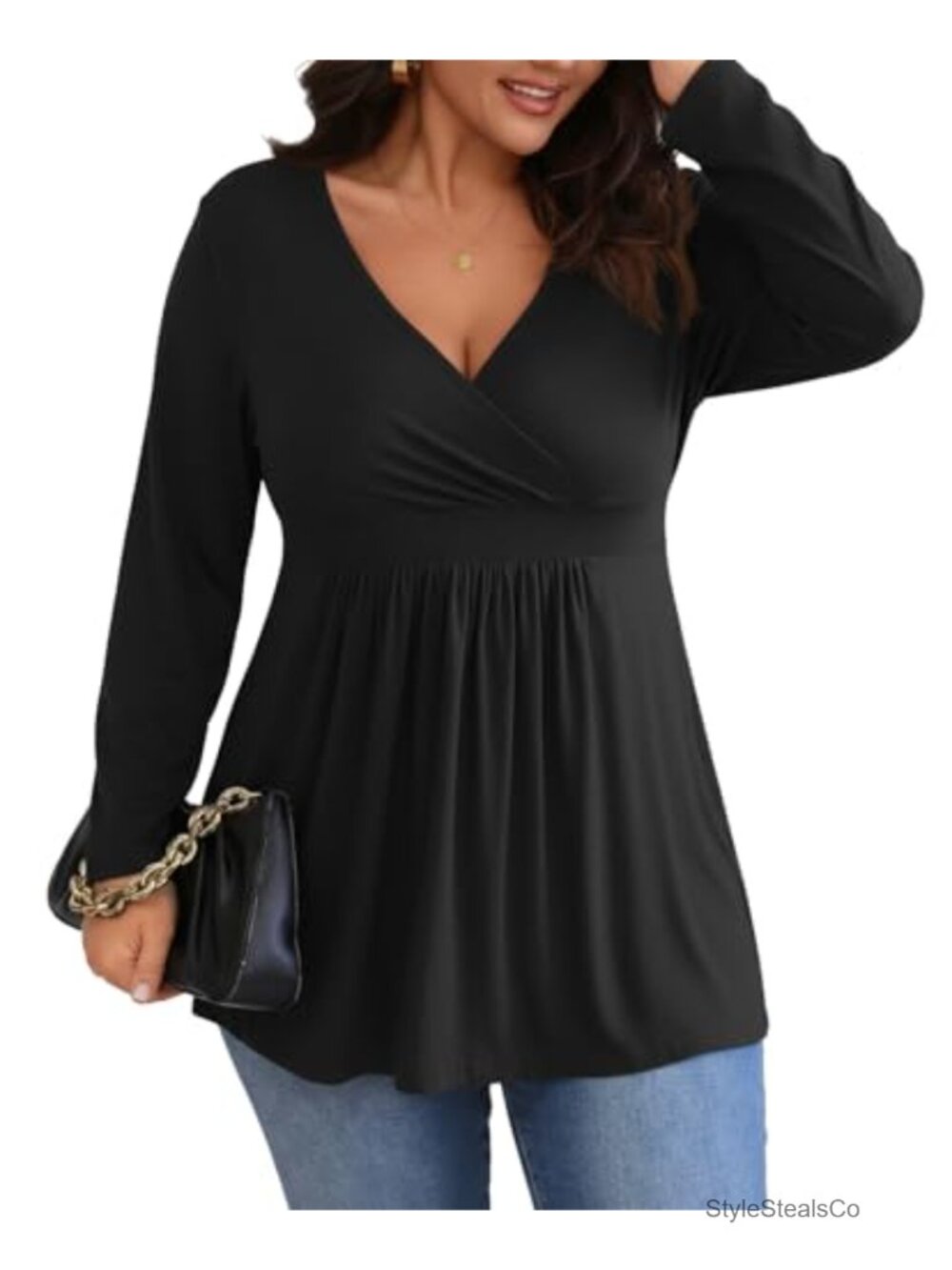 Plus Size Long Sleeve Tunic Top Wrap V-Neck Casual Work Blouse
